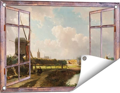 Gards Tuinposter Doorkijk Gezicht op Den Haag vanaf de Delftse Vaart in de Zeventiende Eeuw - Cornelis Springer - 60x40 cm - Tuindoek - Tuindecoratie - Wanddecoratie buiten - Tuinschilderij