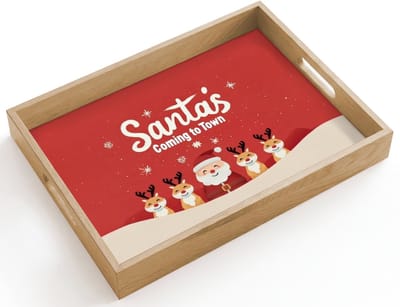 Dienblad hout 40x30 cm - Schootdienblad - Illustratie - Kerstman - Rendieren - Rood - Borrelplank rechthoek - Plateau dienbladen