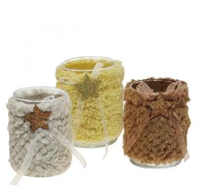 Kerstdecoratie lantaarn glas imitatiebont H12cm Ø9,5cm 3st, 3 Stück
