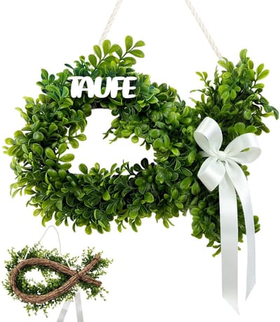 Deurkrans, communie, kunstmatige eucalyptus-deurkrans, visvorm, voor huisdeurdecoratie, eerste communie, vormsel, doop, decoratie (A)