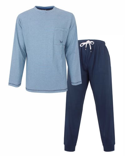 MEQ Heren Pyjama - Lange Mouwen - Gestreept -Licht Blauw-Maat M