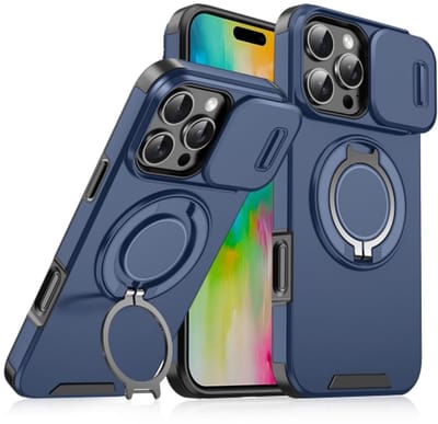 Backcover Hoes Geschikt voor: Apple iPhone 16 Pro Max - Magnetische Ringhouder met Sliding Lens Camshield - Blauw