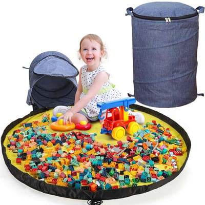 Opbergtas voor speelgoed met speelmat en deksel, bouwstenen, opbergtas, opbergdoos met speeltapijt, opbergmand voor kinderkamer, kindercadeau (Blau)