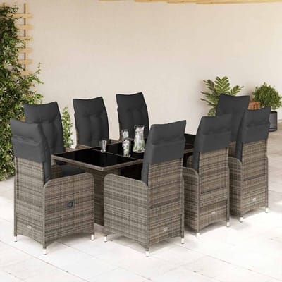 vidaXL - 9-delige - Bistroset - met - kussens - poly - rattan - grijs