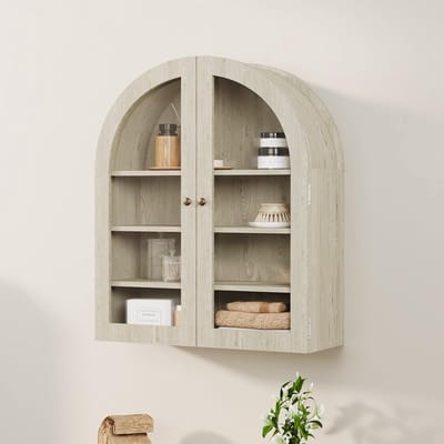 Compacte Wandkast met Boogdesign en Acryl Deuren - Hangende Opbergkast met 4 Niveaus - Voor Badkamer, Keuken & Toilet - Kleur hout