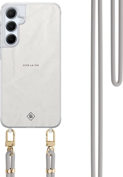 Casimoda® hoesje met koord - Geschikt voor Samsung A15 - Vive La Vie - Afneembaar koord - TPU/polycarbonaat - Grijs
