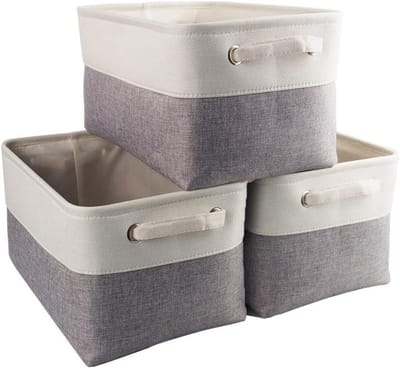 Set van 3 Opbergdozen van Canvas, Vouwbare Mand met Handvatten voor Kleding, Speelgoed en Organisatie in Kasten en Planken (medium, Grijs-Wit)