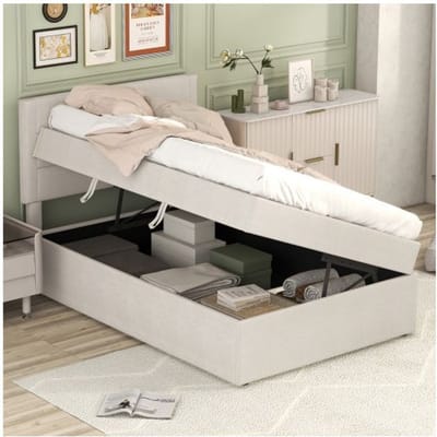 Lit simple - MUVOE - 90 x 200 cm - Beige - Rangement sous le lit - Design minimaliste beige