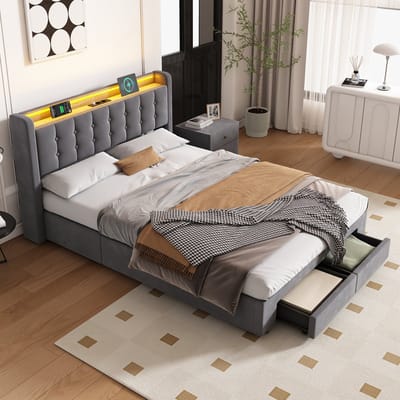 OKWISH Bed 140x200cm - Tweepersoonsbed Met Opbergruimte En Lades - LED Verlichting En USB - Fluwelen Bedframe - Donkergrijs