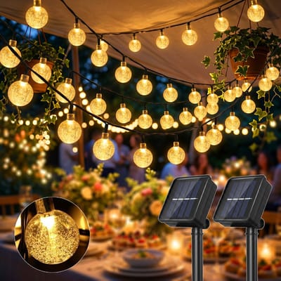 Rosnek 2 Stuks Solar Lichtsnoer Buiten - Lichtslinger met 20 LED Kristallen Bollen - 5 Meter - 2 Standen met Geheugenfunctie - Tuinverlichting op Zonne-energie - IP44 Waterdicht - Warm Wit