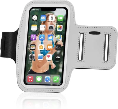 Sportarmband voor Smartphones tot 6.1" - Hardlooparmband met Sleutel- en Koptelefoonaansluiting, Geschikt voor iPhone en Galaxy, Grijs
