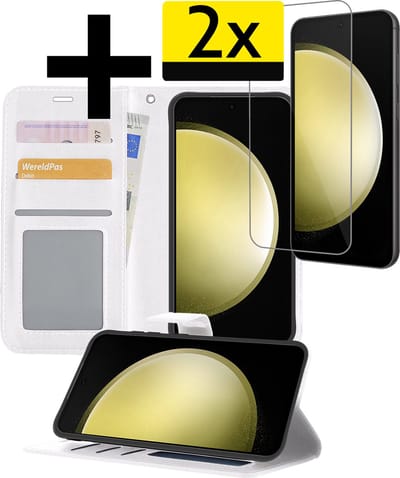 Hoesje - Met 2x Screenprotector - Geschikt voor Samsung Galaxy S23 FE - Luxe Pasjeshouder - Bookcase Portemonee - Flip Case - Kunstleer Book Case - Flipcase Hoes - Book Cover - Walletcase - Portemonneehoes - Telefoonhoesjes - Wit
