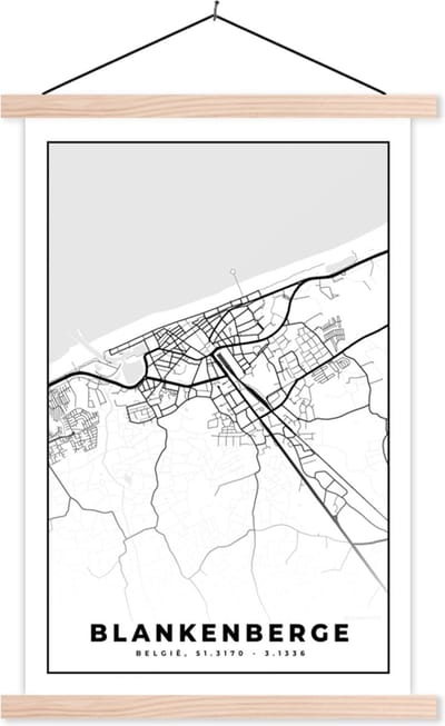 Posterhanger incl. Poster 40x60 cm - Schoolplaat - Zwart Wit – België – Plattegrond – Stadskaart – Kaart – Blankenberge - Textielposter - Blanke latten - Stadskaart