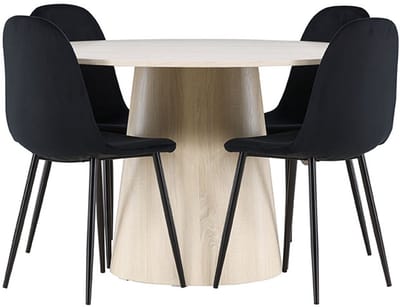 Lanzo eethoek tafel Ø120cm en 4 velours stoelen whitewash.