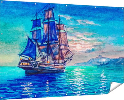 Gards Tuinposter Oude Piratenschip Zeilboot Getekend - 180x120 cm - Tuindoek - Tuindecoratie - Wanddecoratie buiten - Tuinschilderij