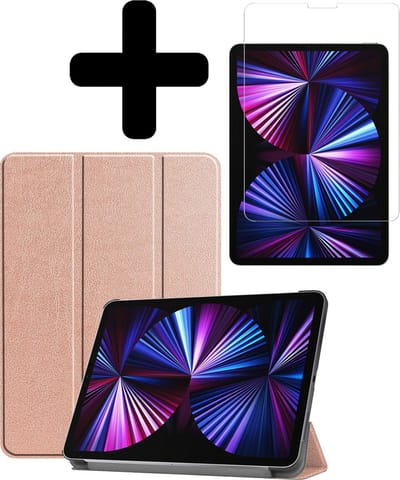 Hoesje - Geschikt voor Apple iPad Pro (2021) - 11 inch - 3e generatie - Met Screenprotector - Hardcover Book Case - Trifold Bookcase Hoes - Hard Cover - Tablethoes - Rosé goud