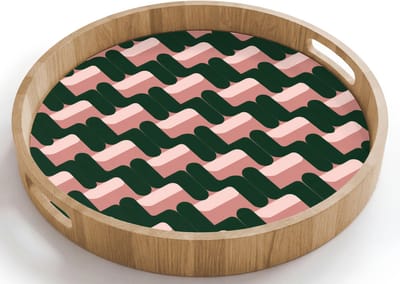 Dienblad rond 40x40 cm - Schootdienblad hout - Vlechtpatroon - Groen - Roze - Geometrisch - Borrelplank rechthoek - Plateau houten dienbladen
