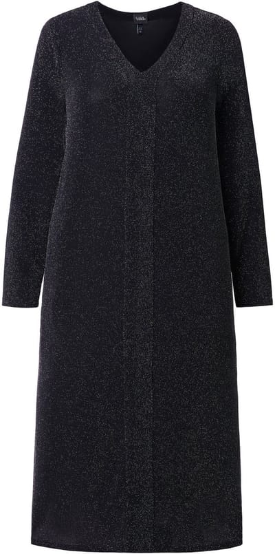 Ulla Popken - Dames - Midi-jurk met glitters A-lijn V-hals lange mouwen - Zwart - Maat 42+