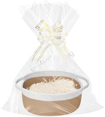 Lege Cadeaumand, Opbergmand van Gevlochten Materiaal met Cadeautas en Strik, Perfect voor Verjaardag en Bruiloft, Neutraal Kleurenschema