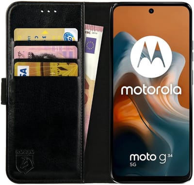 Rosso Element Book Case Wallet Hoesje Geschikt voor Motorola Moto G34 | Portemonnee | 3 Pasjes | Magneetsluiting | Stand Functie | Zwart