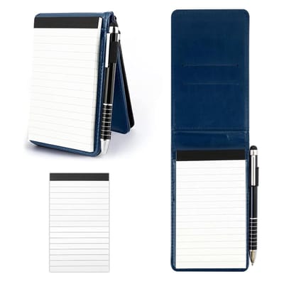 4 stuks Mini Notitieblok Houder Set A7 PU Leer Notitieboek met 2 x Notitieblokken & 1 x Mini-Balpen Reporterblok Insteekvak Blanco Blok Ongelinieerd Afscheurbaar (Blauw)