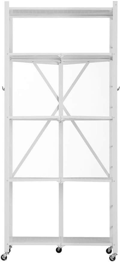 5-laags opvouwbaar opbergrek, 71 x 38 x 162 cm metalen rek met wielen en haken, kant-en-klare organizer voor keuken, voorraadkast, garage, kelder, wit