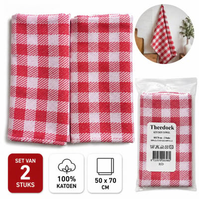 Theedoek Set van 2 – 50x70 cm – 100% Katoen – Rood/Wit Geruit – Sterk Absorberend – Keukendoeken – Droogdoek – Theedoeken Keuken