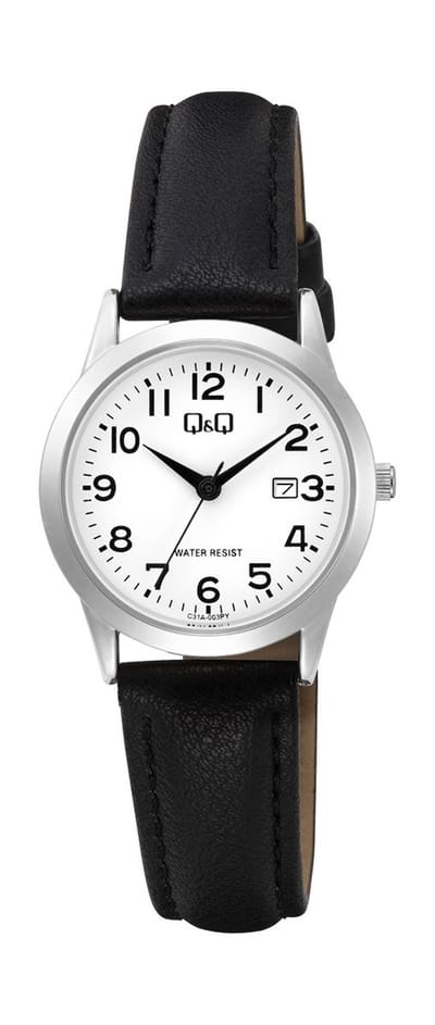 Q&Q C31A-003PY - Horloge - Analoog - Dames - Vrouwen - Leren band - Rond - Metaal - Cijfers - Datumaanduiding - Zwart - Zilverkleurig - Wit - 3 ATM