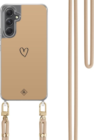 Casimoda® hoesje met koord - Geschikt voor Samsung A34 - Hart Bruin - Afneembaar koord - TPU/polycarbonaat - Bruin/beige