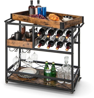 COSTWAY Serveerwagen met 3 niveaus met afneembaar dienblad, keukentrolley met 2 rijen glashouders en 8 wijnrekken, houten rolwagen voor keuken, eetkamer en bar, vintage