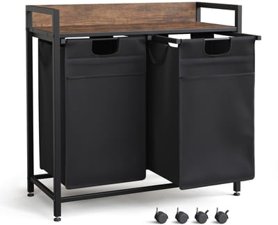 Wasmand met wielen, wasmand 2 compartimenten, metalen frame wasmand met opbergplank en opbergtas aan de voorkant voor slaapkamer badkamer, 2 x 50 l, 73 x 33 x 75 cm