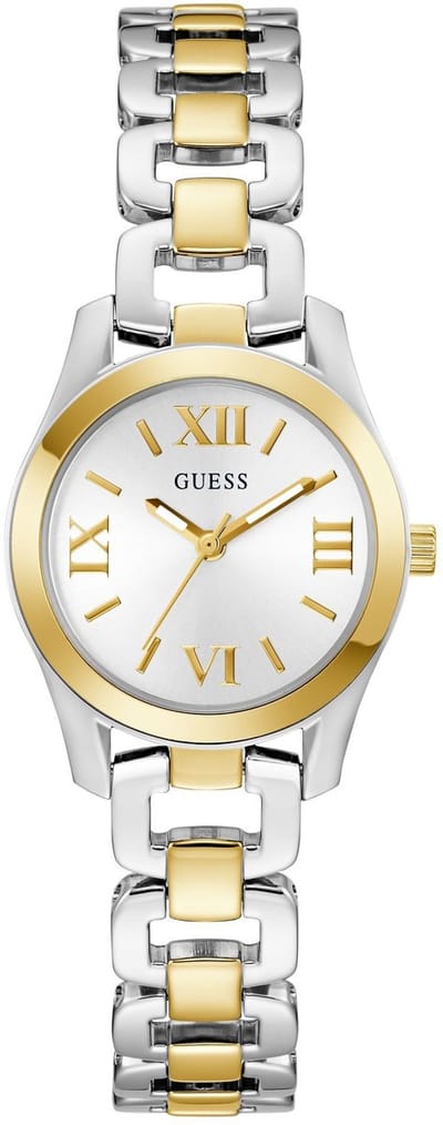 Guess Veda Quartz Analoog Horloge Zilverkleurig En Goudkleurig Kast Gemaakt Van 100% Roestvrij Staal En Een Bandje Van 100% Roestvrij Staal 28 GW0927L6