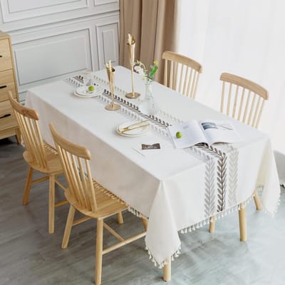 Famanu - Decoratief linnen tafelkleed, rechthoekig en modern design met borduuraccenten