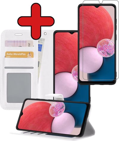 Hoesje - Met Screenprotector - Geschikt voor Samsung Galaxy A13 5G - Luxe Pasjeshouder - Flipcase - Bookcase Portemonee - Flip Case - Kunstleer Book Case - Book Cover - Walletcase - Portemonneehoes - Telefoonhoes - Wit
