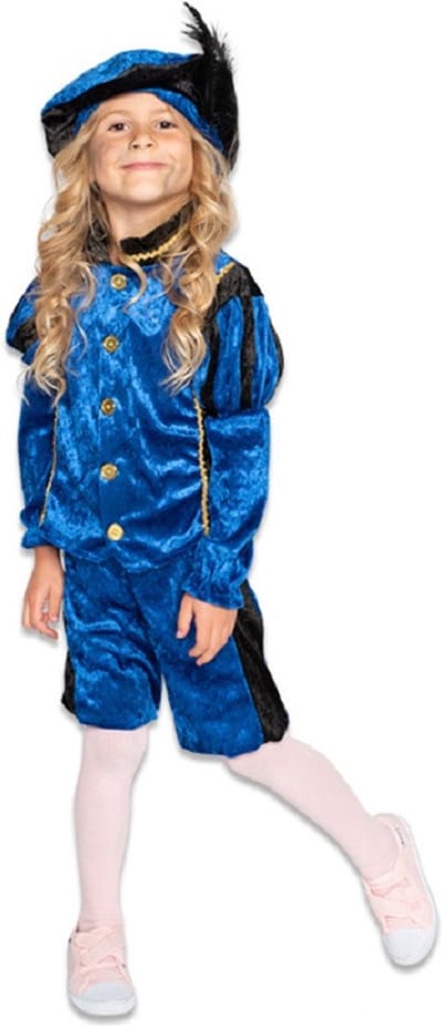 Pietenpak roetveeg Piet Pedro - blauw - pieten verkleed kostuum 4-delig - kinderen 116
