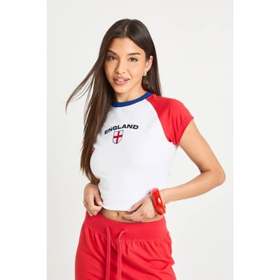boohoo Dames Engeland Voetbal Contrast Raglan Baby T-shirt | Wit | Maat: 42