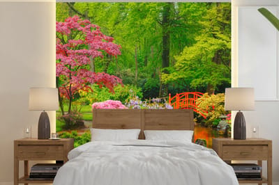 Behang - Fotobehang Brug - Japans - Botanisch - Bomen - Bloemen - Breedte 220 cm x hoogte 220 cm