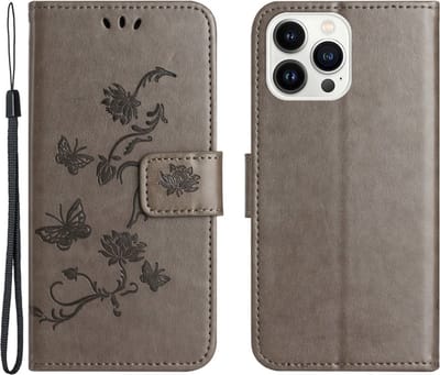 Coverup Hoesje - Geschikt voor iPhone 15 Pro Max Hoesje - Coverup Bloemen & Vlinders Book Case - Taupe Grijs