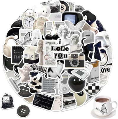 Dailygoods- Stickers 60 Stuks - Zwart/Wit - Waterdicht - Aesthetic - Kunstzinnig - PVC Materiaal - 3-7 cm - Decoratiestickers