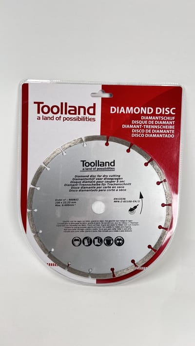 Toolland Diamantschijf, 230 mm, gesegmenteerd, droog snijden, 6600 tpm, 80 m/s, voor graniet, steen, baksteen, marmer