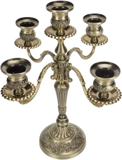 Kandelaar met 5 Armen voor Romantische Sfeer - Kaarshouder voor Decoratie en Bruiloft - Antiek Brons Design met Metalen Kralen - Hoogte Conische Kaarslicht - Kroonluchter Stijlvol Verlichting