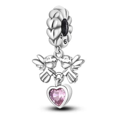 Fler® | Bedel | Past op populaire bedelarmbanden (standaard - 3mm) | Engeltjes met Hart Bedel | Hangbedel Charm | 925 sterling zilver | Roze | Armband Kraal | Valentijnsdag Cadeau | Sinterklaas kado | Kerstcadeau | Verjaardagsgeschenk | Vriendschap