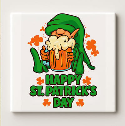 Happy St. Patrick’s Day Keramische Tegel 15x15 cm – Grappige Leprechaun met Bier Ontwerp – Ierse Feestdag Wanddecoratie & Perfect Cadeau voor Sint-Patrick’s Dag