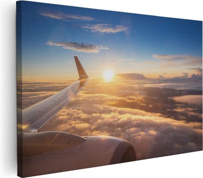 Artaza Canvas Schilderij Zonsondergang - 30x20 cm - Klein - Wanddecoratie Vliegtuigvleugel - Muurdecoratie Wolken - Kamer Accessoires