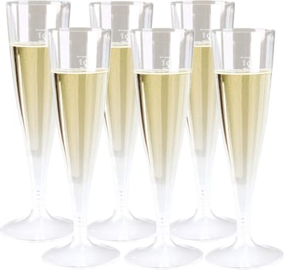 Goldplast champagneglazen - 6x stuks - met losse voet - 100 ml - transparant - herbruikbaar - Kunststof
