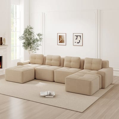 Wishdor - Modulaire Zitbank - Diepe Zitting En Antislip Onderkant - Minimalistisch Ontwerp Voor De Woonkamer - Ribstof - Beige