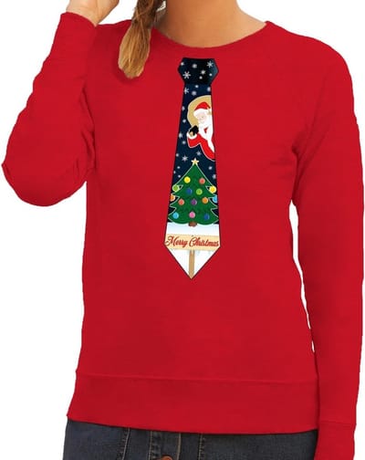 Bellatio Decorations Foute kersttrui - sweater - met stropdas kerst print - rood - voor dames XS