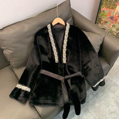 Veste en fourrure écologique pour femme, petite ceinture coupe-vent, longueur moyenne XL noir