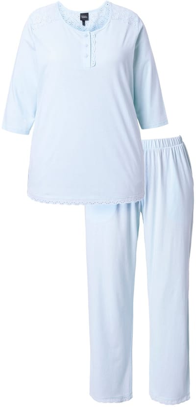 Ulla Popken - Dames - pyjama ogenborduursel ronde hals siernaden 3/4-mouwen - Ijszeeblauw - Maat 46+