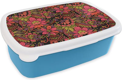 Broodtrommel Blauw - Lunchbox - Brooddoos - Bloemen - Bladeren - Design - 18x12x6 cm - Kinderen - Jongen